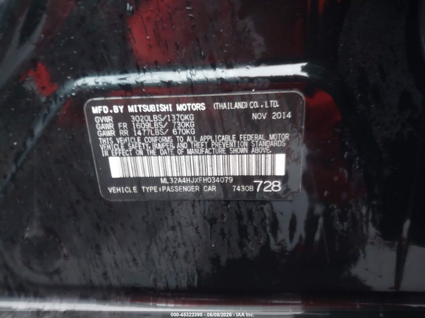 2015 Mitsubishi Mirage VIN ML32A4HJXFH034079 IAAI salvage auction — SIDE, Salvage Title, sold $275 on 2026-07-21 (photo 9)