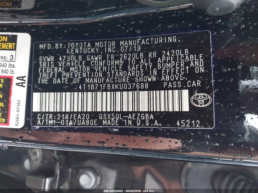 2019 Toyota Avalon VIN 4T1BZ1FBXKU037688 IAAI salvage auction — FRONT END, Salvage (Indiana), sold $8,800 on 2026-08-02 (photo 9)