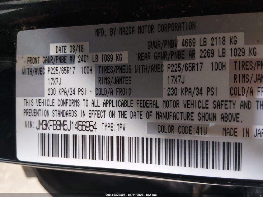 2018 Mazda Cx-5 VIN JM3KFBBM5J1456954 IAAI salvage auction — FRONT END, Junk Bill Of Sale Mv2459 (Wisconsin), sold $2,200 on 2026-07-22 (photo 9)