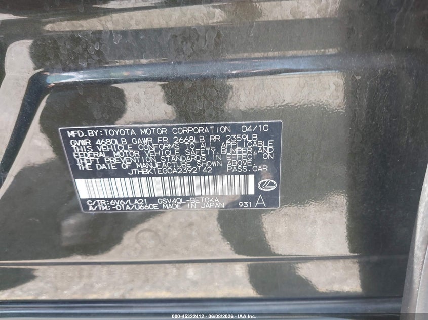 2010 Lexus ES VIN JTHBK1EG0A2392142 IAAI salvage auction — LEFT REAR, Salvage (California), sold $925 on 2026-07-07 (photo 9)
