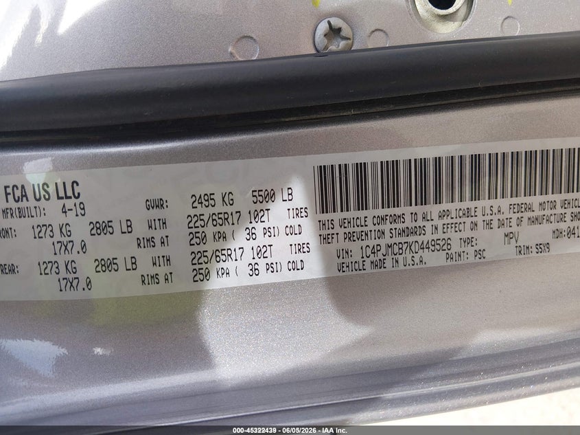 2019 Jeep Cherokee VIN 1C4PJMCB7KD449526 IAAI salvage auction — NORMAL WEAR, Sf97 (Texas), sold $10,200 on 2026-09-16 (photo 9)
