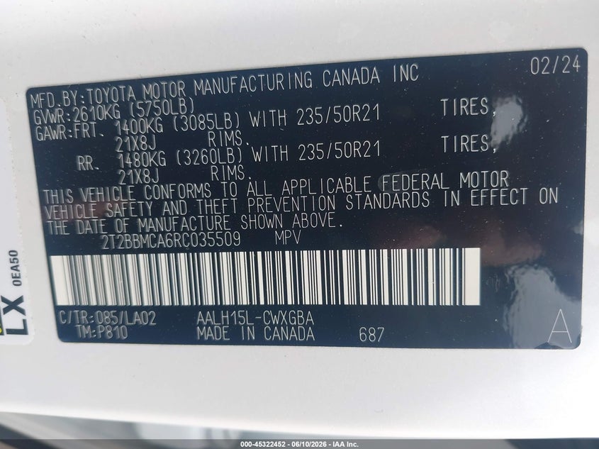 2024 Lexus Rx VIN 2T2BBMCA6RC035509 IAAI salvage auction — FRONT END, Salvage (Missouri), sold $27,600 on 2026-07-29 (photo 9)