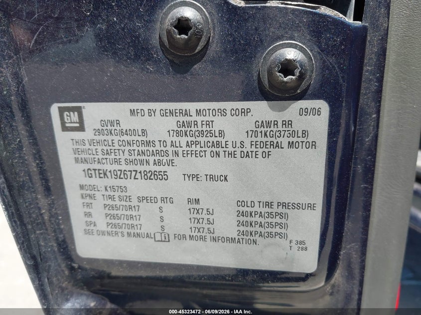 2007 Gmc SIERRA VIN 1GTEK19Z67Z182655 IAAI salvage auction — LEFT REAR, Certificate Of Title (Nebraska), sold $2,450 on 2026-07-29 (photo 9)