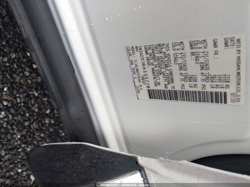2020 Nissan Murano VIN 5N1AZ2CJ8LN155778 IAAI salvage auction — RIGHT FRONT, Salvage Title, sold $7,950 on 2026-07-07 (photo 9)