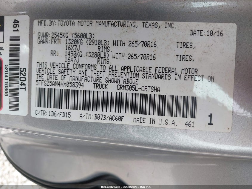 2017 Toyota Tacoma VIN 5TFSZ5AN4HX058394 IAAI salvage auction — FRONT END, Salvage (North Carolina), sold $11,900 on 2026-07-24 (photo 9)