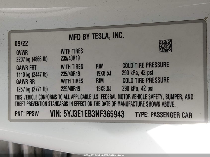 2022 Tesla Model 3 VIN 5YJ3E1EB3NF365943 IAAI salvage auction — FRONT END, Salvage Title, sold $6,200 on 2026-07-08 (photo 9)