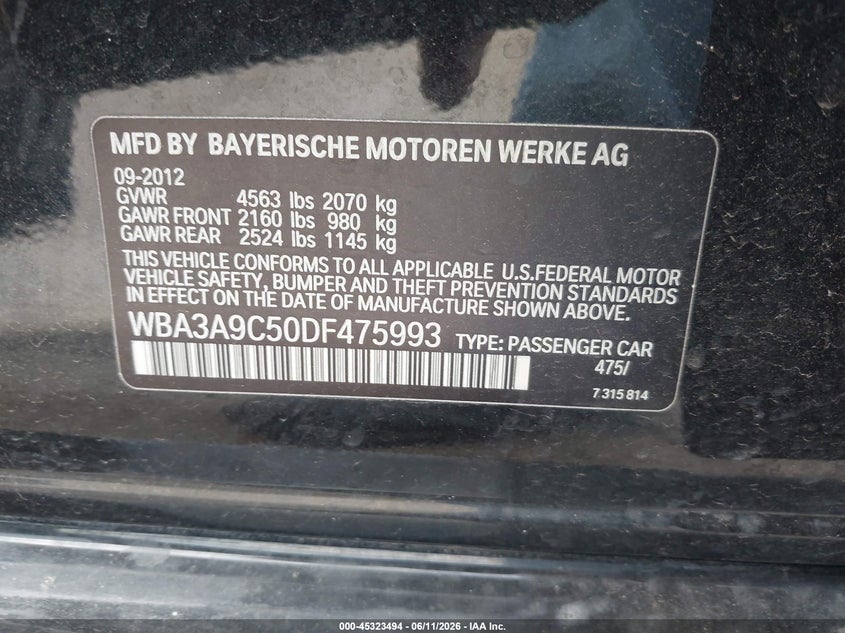2013 BMW 3er VIN WBA3A9C50DF475993 IAAI salvage auction — LEFT FRONT, Original (Texas), sold $25 on 2026-07-29 (photo 9)