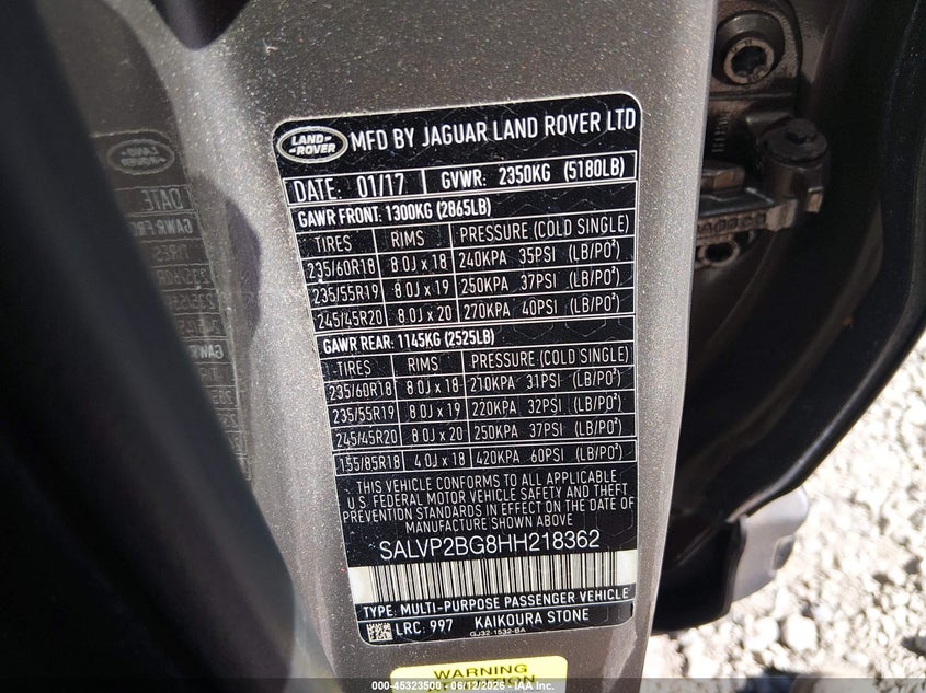 2017 Land rover Range rover evoque VIN SALVP2BG8HH218362 IAAI salvage auction — SIDE, Salvage (North Carolina), sold $925 on 2026-07-22 (photo 9)