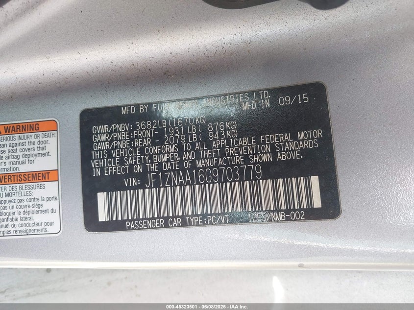 2016 Scion Fr-s VIN JF1ZNAA16G9703779 IAAI salvage auction — FRONT END, Salvage (California), sold $3,350 on 2026-09-23 (photo 9)