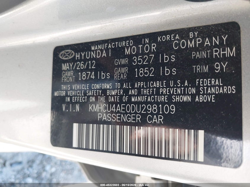 2013 Hyundai Accent VIN KMHCU4AE0DU298109 IAAI salvage auction — RIGHT FRONT, Salvage (Oklahoma), sold $1,100 on 2026-07-15 (photo 9)