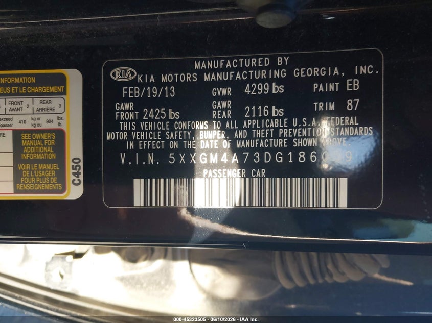 2013 Kia Optima VIN 5XXGM4A73DG186059 IAAI salvage auction — FRONT END, Salvage Title, sold $375 on 2026-07-22 (photo 9)