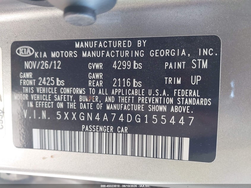 2013 Kia Optima VIN 5XXGN4A74DG155447 IAAI salvage auction — NORMAL WEAR, Clear - Dealer Only (California), sold $925 on 2026-07-07 (photo 9)