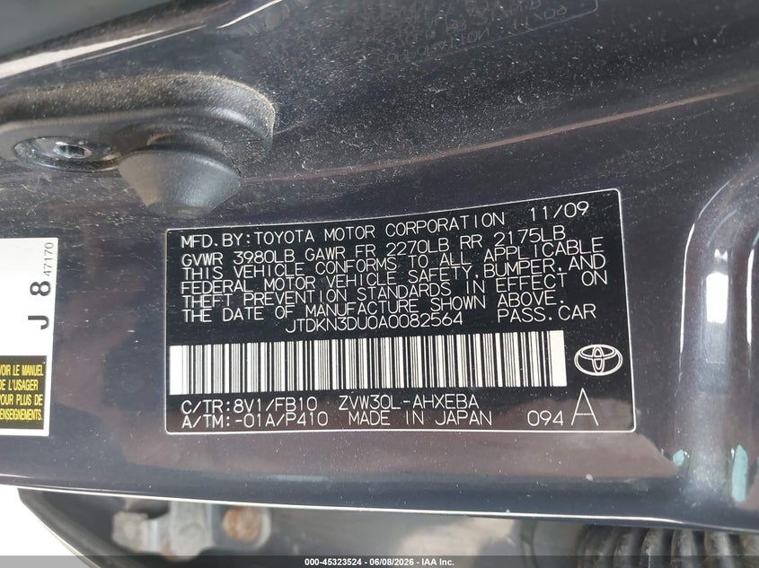 2010 Toyota Prius VIN JTDKN3DU0A0082564 IAAI salvage auction — LEFT FRONT, Salvage (Ohio), sold $500 on 2026-07-28 (photo 9)