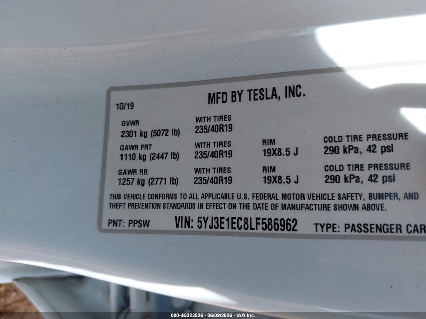 2020 Tesla Model 3 VIN 5YJ3E1EC8LF586962 IAAI salvage auction — HAIL, Salvage Title, sold $11,500 on 2026-07-16 (photo 9)