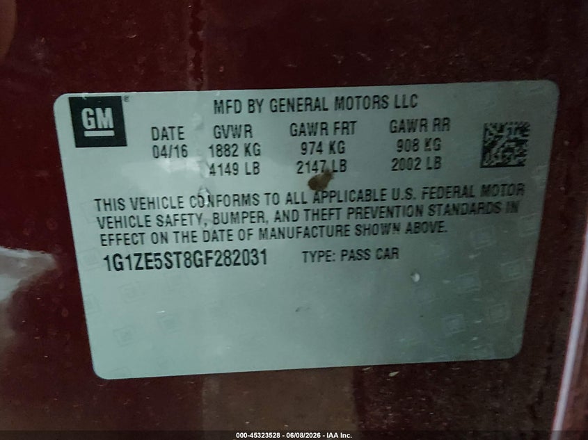 2016 Chevrolet Malibu VIN 1G1ZE5ST8GF282031 IAAI salvage auction — REAR END, Salvage (Kentucky), sold $800 on 2026-07-24 (photo 9)