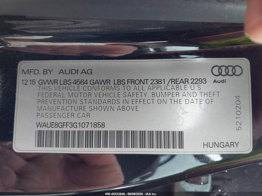 2016 Audi A3 VIN WAUE8GFF3G1071858 IAAI salvage auction — FRONT END, Salvage Title, sold $1,300 on 2026-07-09 (photo 9)