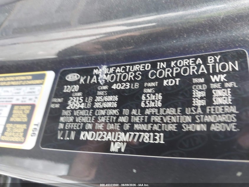 2021 Kia Soul VIN KNDJ23AU3M7778131 IAAI salvage auction — FRONT END, Salvage Title, sold $1,850 on 2026-07-07 (photo 9)