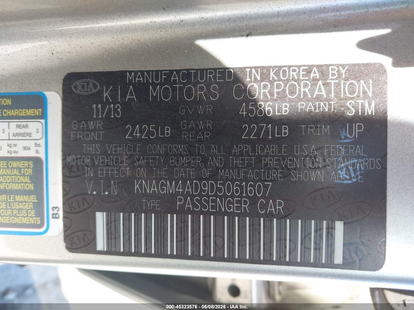 2013 Kia Optima VIN KNAGM4AD9D5061607 IAAI salvage auction — NORMAL WEAR, Clear - Dealer Only (California), sold $450 on 2026-07-06 (photo 9)