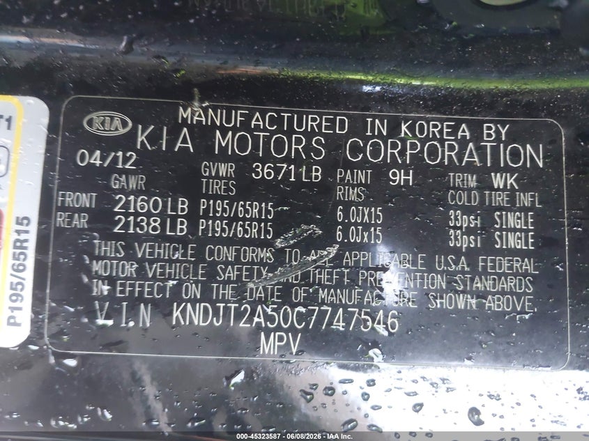 2012 Kia Soul VIN KNDJT2A50C7747546 IAAI salvage auction — FRONT END, Salvage Title, sold $375 on 2026-07-14 (photo 9)