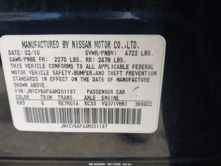 2012 Infiniti G VIN JN1DV6AP7CM810808 IAAI salvage auction — RIGHT FRONT, Original (Texas), sold $1,000 on 2026-07-22 (photo 9)