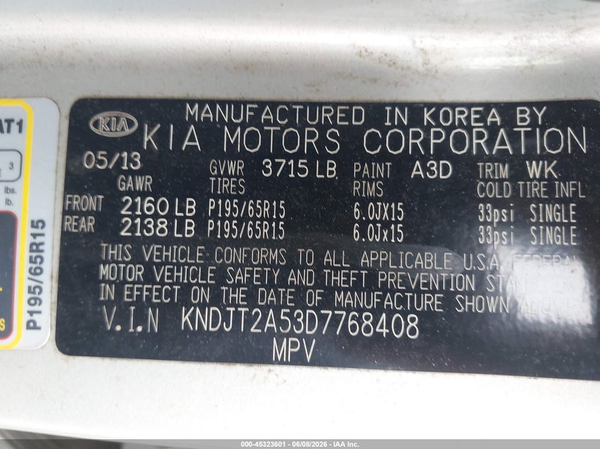 2013 Kia Soul VIN KNDJT2A53D7768408 IAAI salvage auction — FRONT END, Salvage Title, sold $25 on 2026-07-07 (photo 9)