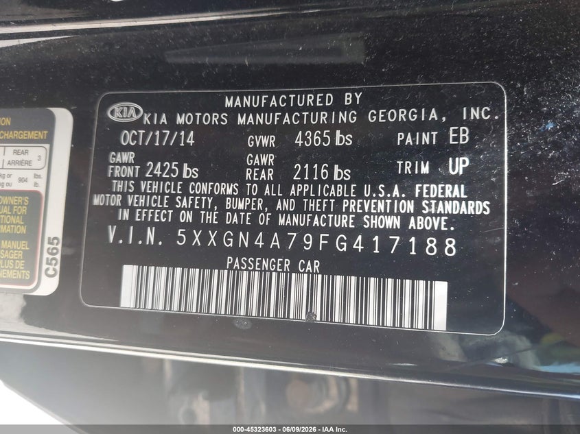 2015 Kia Optima VIN 5XXGN4A79FG417188 IAAI salvage auction — SUSPENSION, Salvage (Rhode Island), sold $25 on 2026-07-28 (photo 9)