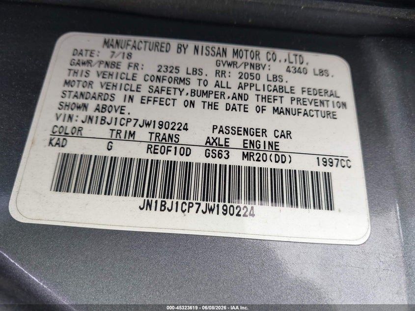 2018 Nissan Rogue VIN JN1BJ1CP7JW190224 IAAI salvage auction — FRONT END, Salvage Title, sold $800 on 2026-07-15 (photo 9)