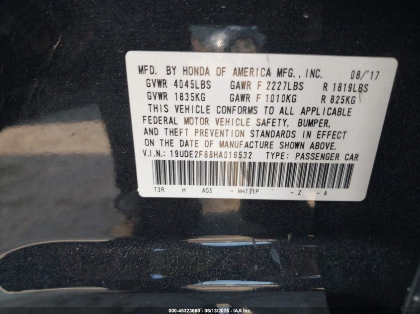 2017 Acura Ilx VIN 19UDE2F88HA016532 IAAI salvage auction — WATER/FLOOD, Salvage (Texas), sold $1,100 on 2026-07-29 (photo 9)