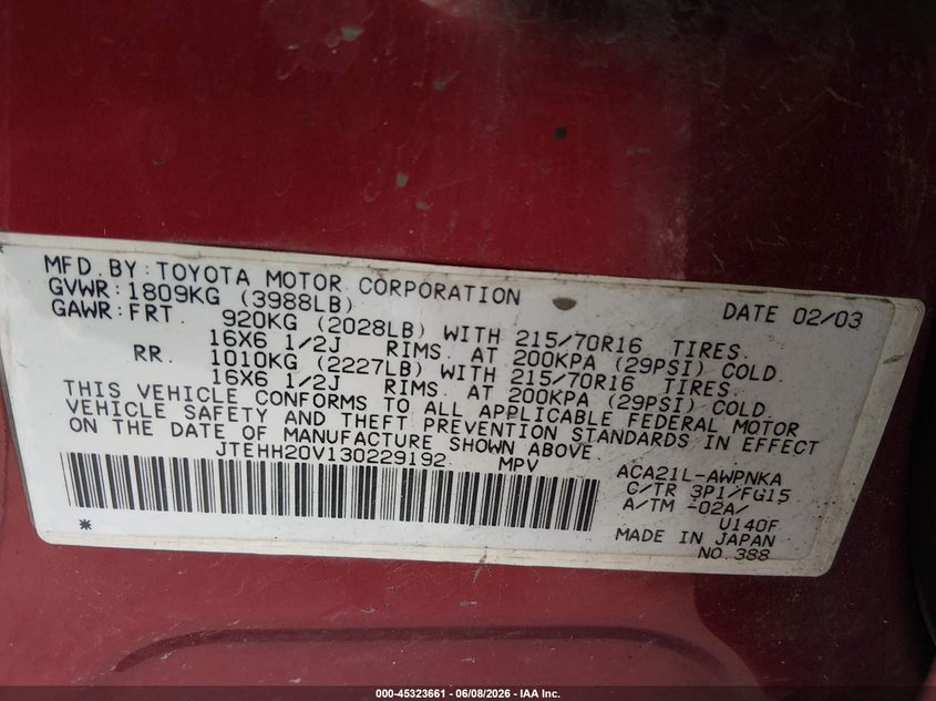 2003 Toyota Rav4 VIN JTEHH20V130229192 IAAI salvage auction — FRONT & REAR, Bill Of Sale (Washington), sold $1,150 on 2026-07-08 (photo 9)