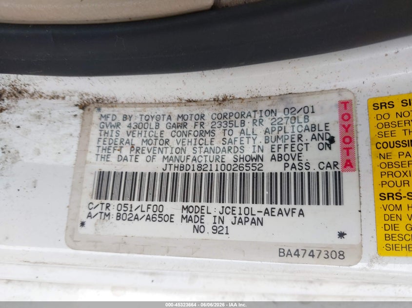 2001 Lexus Is VIN JTHBD182110026552 IAAI salvage auction — NORMAL WEAR, Salvage (California), sold $425 on 2026-07-09 (photo 9)