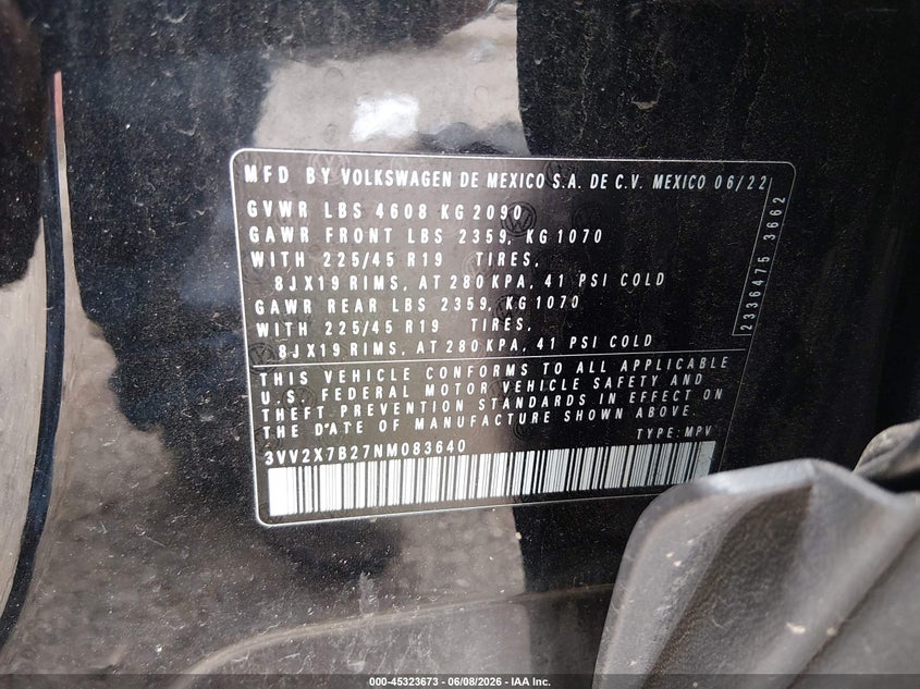 2022 Volkswagen Taos VIN 3VV2X7B27NM083640 IAAI salvage auction — FRONT END, Salvage Title, sold $6,100 on 2026-07-23 (photo 9)