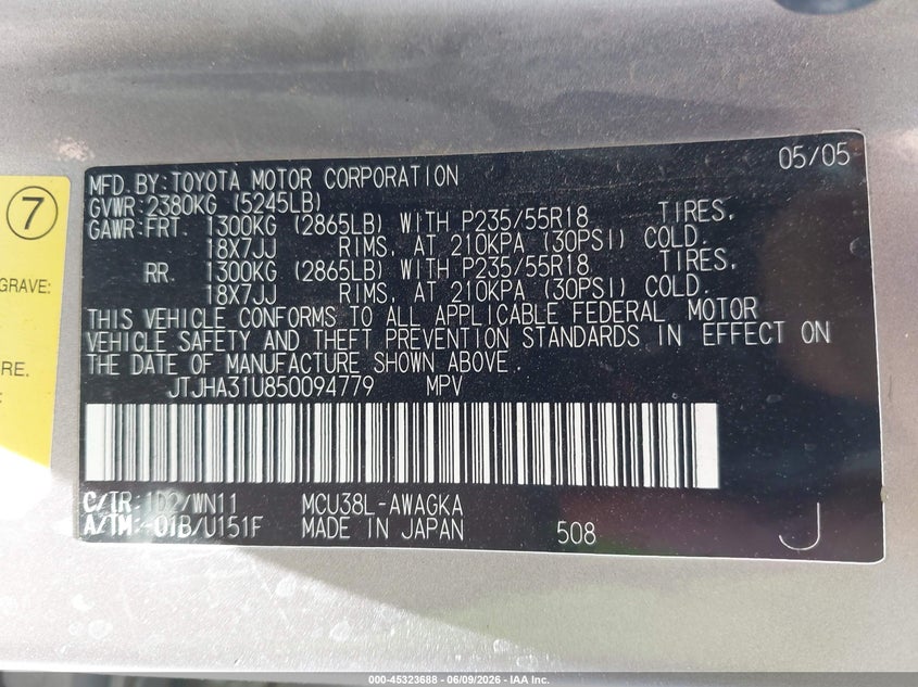 2005 Lexus Rx 330 VIN JTJHA31U850094779 IAAI salvage auction — FRONT END, Salvage (Arizona), sold $450 on 2026-07-21 (photo 9)