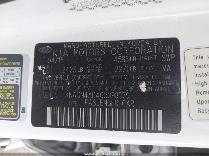 2016 Kia Optima VIN KNAGN4AD4G5093379 IAAI salvage auction — FRONT END, Salvage Title, sold $1,400 on 2026-07-15 (photo 9)
