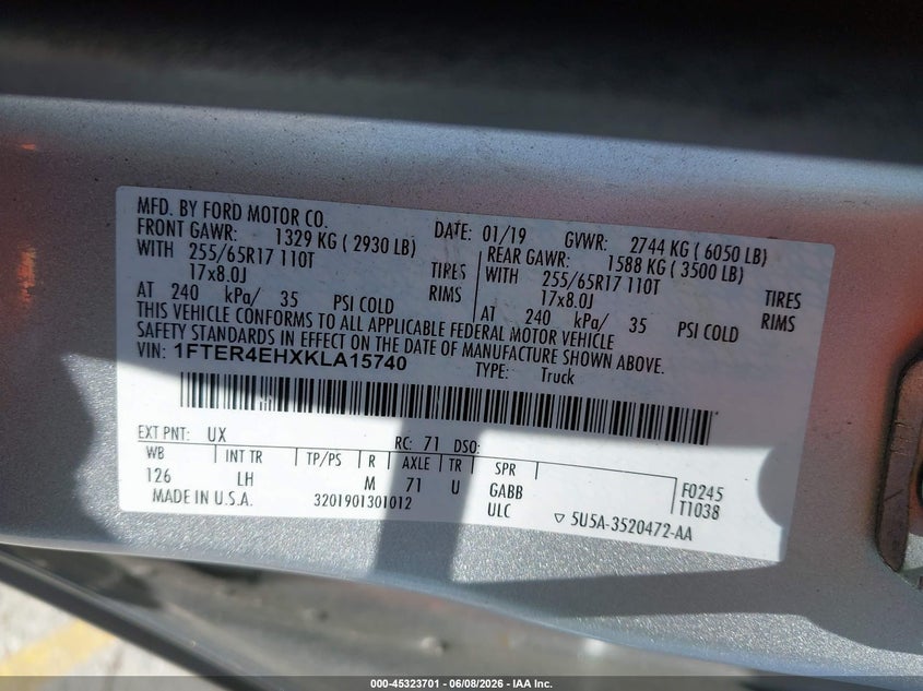2019 Ford Ranger VIN 1FTER4EHXKLA15740 IAAI salvage auction — LEFT & RIGHT, Salvage (California), sold $7,900 on 2026-07-28 (photo 9)