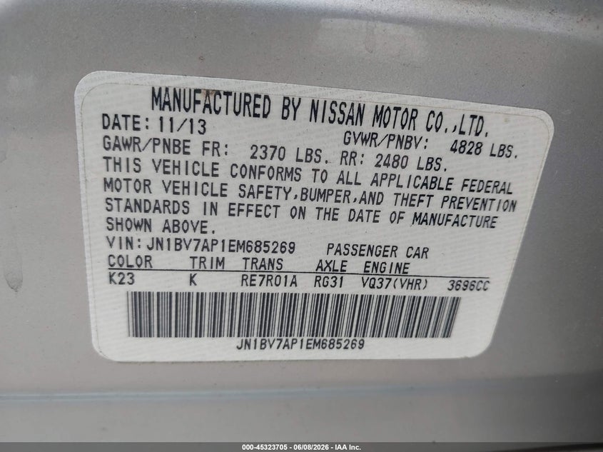 2014 Infiniti Q50 VIN JN1BV7AP1EM685269 IAAI salvage auction — FRONT END, Salvage Title, sold $1,050 on 2026-07-17 (photo 9)