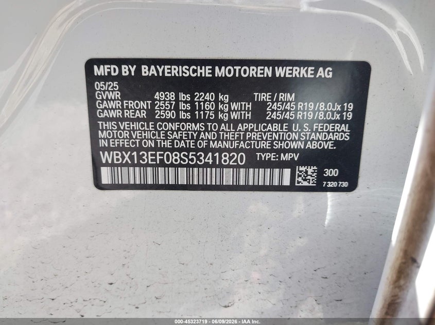 2025 BMW X1 VIN WBX13EF08S5341820 IAAI salvage auction — SIDE, Salvage Title, sold $12,700 on 2026-07-15 (photo 9)