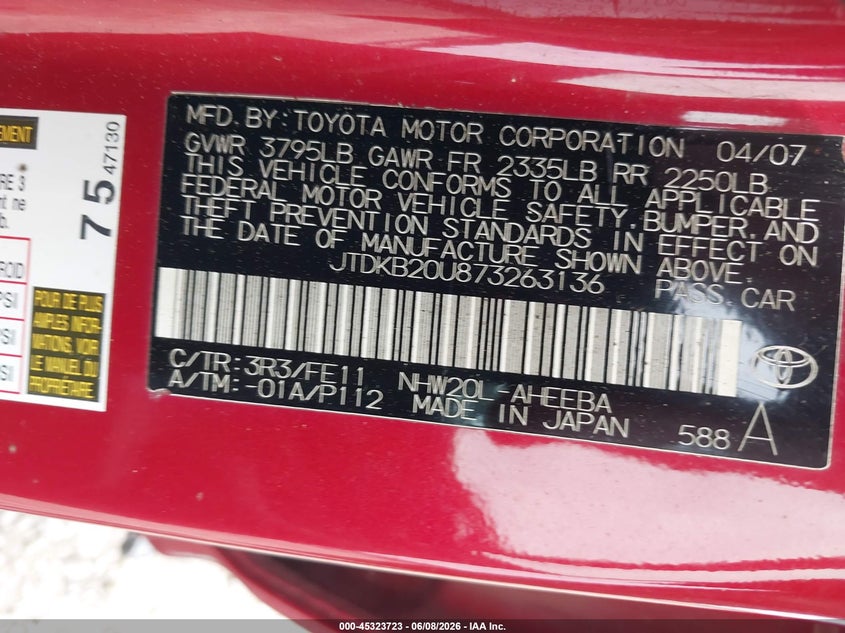 2007 Toyota Prius VIN JTDKB20U873263136 IAAI salvage auction — NORMAL WEAR, Clear (North Carolina), sold $575 on 2026-07-17 (photo 9)