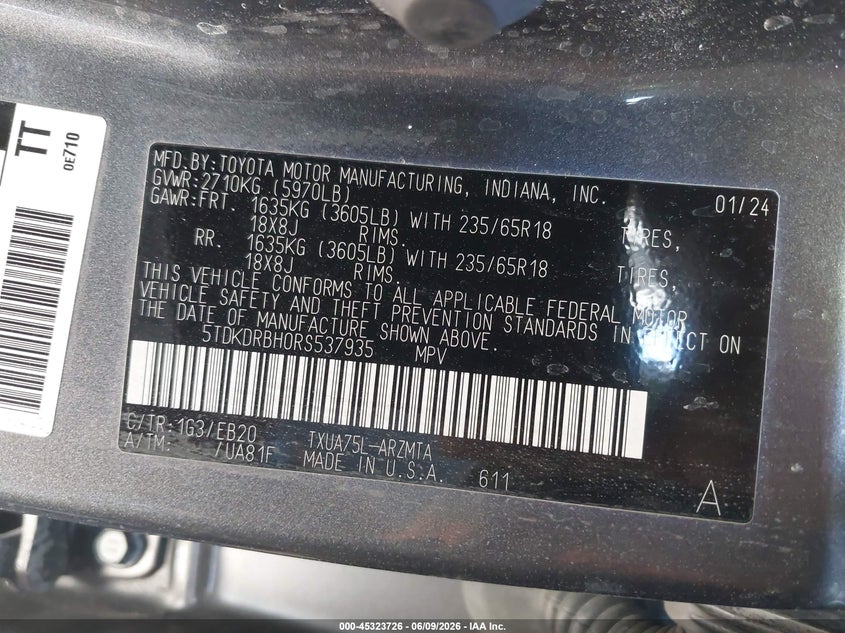 2024 Toyota Highlander VIN 5TDKDRBH0RS537935 IAAI salvage auction — LEFT REAR, Salvage Title, sold $8,600 on 2026-07-22 (photo 9)