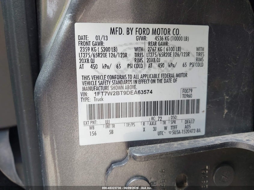 2013 Ford F250 VIN 1FT7W2BT9DEA63574 IAAI salvage auction — NORMAL WEAR, Salvage Title, sold $6,950 on 2026-07-09 (photo 9)