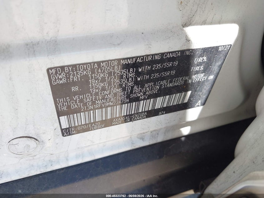 2021 Toyota Rav 4 VIN 2T3N1RFV9MW234794 IAAI salvage auction — SIDE, Salvage (Pennsylvania), sold $14,000 on 2026-07-31 (photo 9)