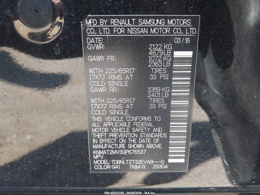 2016 Nissan Rogue VIN KNMAT2MV3GP676537 IAAI salvage auction — FRONT END, Salvage Title, sold $25 on 2026-07-22 (photo 9)