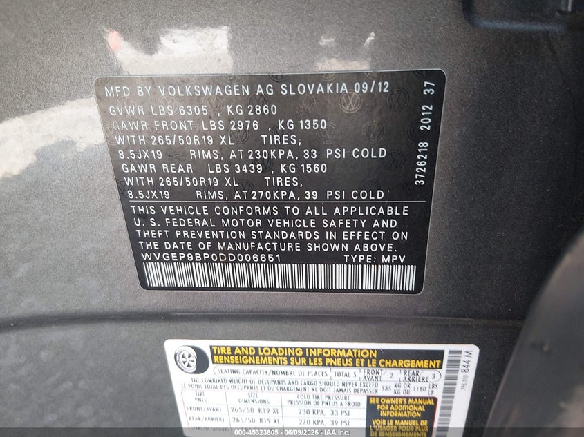 2013 Volkswagen Touareg VIN WVGEP9BP0DD006651 IAAI salvage auction — FRONT END, Salvage Title, sold $25 on 2026-08-16 (photo 9)
