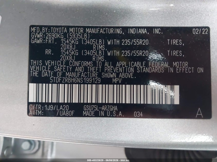 2022 Toyota Highlander VIN 5TDFZRBH6NS199129 IAAI salvage auction — HAIL, Salvage Title, sold $25,200 on 2026-07-06 (photo 9)