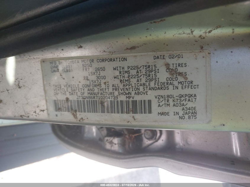 2001 Toyota 4runner VIN JT3GN86R710204739 IAAI salvage auction — NORMAL WEAR, Salvage Rebuilt (North Carolina), sold $1,450 on 2026-07-30 (photo 9)