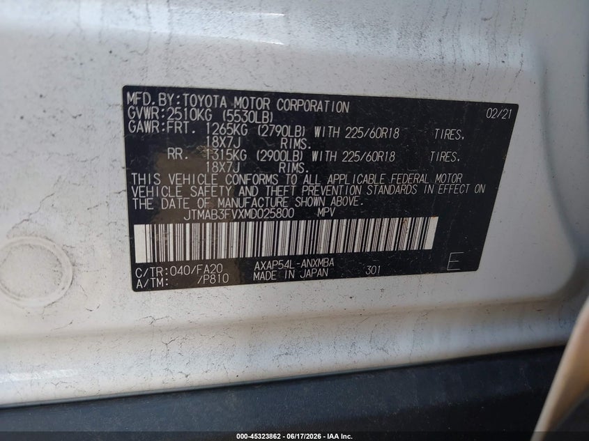 2021 Toyota Rav 4 VIN JTMAB3FVXMD025800 IAAI salvage auction — FRONT END, Salvage (Pennsylvania), sold $13,300 on 2026-07-07 (photo 9)