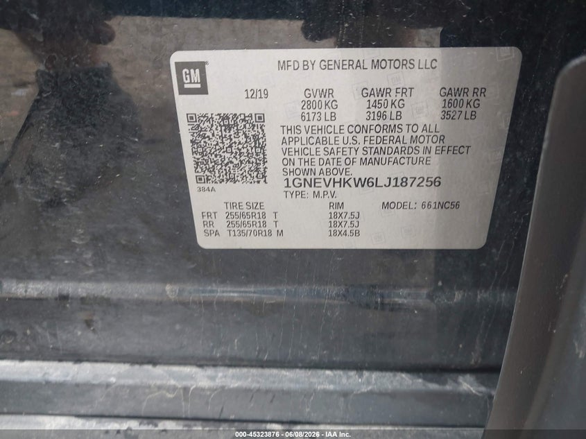 2020 Chevrolet Traverse VIN 1GNEVHKW6LJ187256 IAAI salvage auction — FRONT & REAR, Salvage Title, sold $2,900 on 2026-07-09 (photo 9)