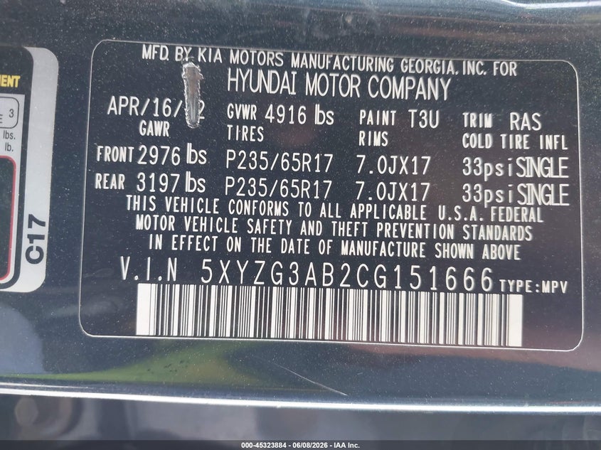 2012 Hyundai Santa fe VIN 5XYZG3AB2CG151666 IAAI salvage auction — RIGHT FRONT, Salvage Title, sold $1,100 on 2026-07-22 (photo 9)