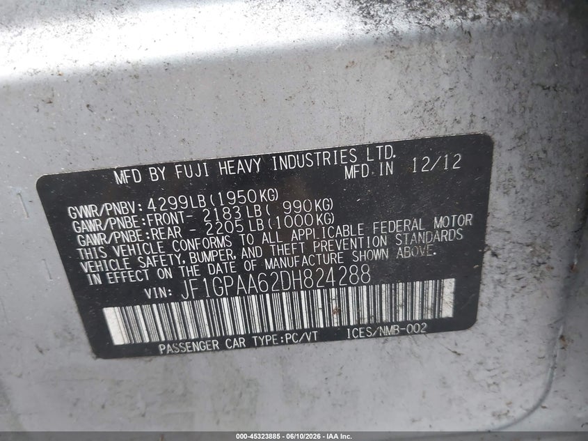 2013 Subaru Impreza VIN JF1GPAA62DH824288 IAAI salvage auction — NORMAL WEAR, Clear (Pennsylvania), sold $425 on 2026-07-14 (photo 9)