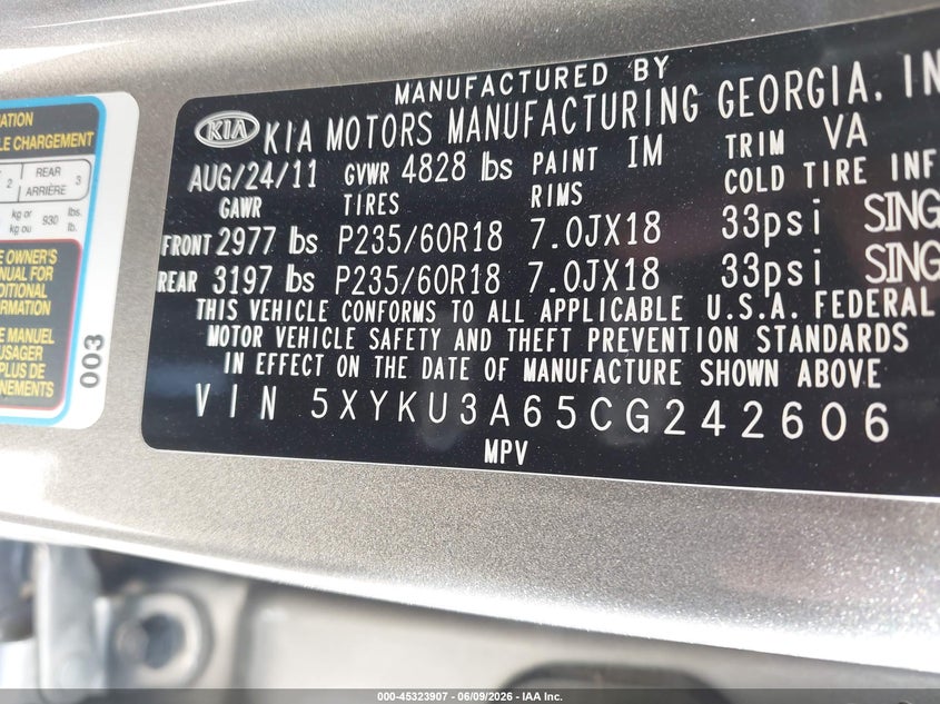 2012 Kia Sorento VIN 5XYKU3A65CG242606 IAAI salvage auction — FRONT END, Salvage Title, sold $25 on 2026-07-28 (photo 9)