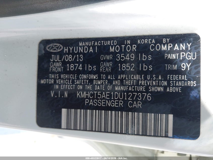 2013 Hyundai Accent VIN KMHCT5AE1DU127376 IAAI salvage auction — FRONT END, Rebuildable (Florida), sold $750 on 2026-07-13 (photo 9)